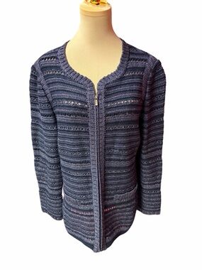St John Navy Knit Zip Front Cardigan Open Weave Size 10